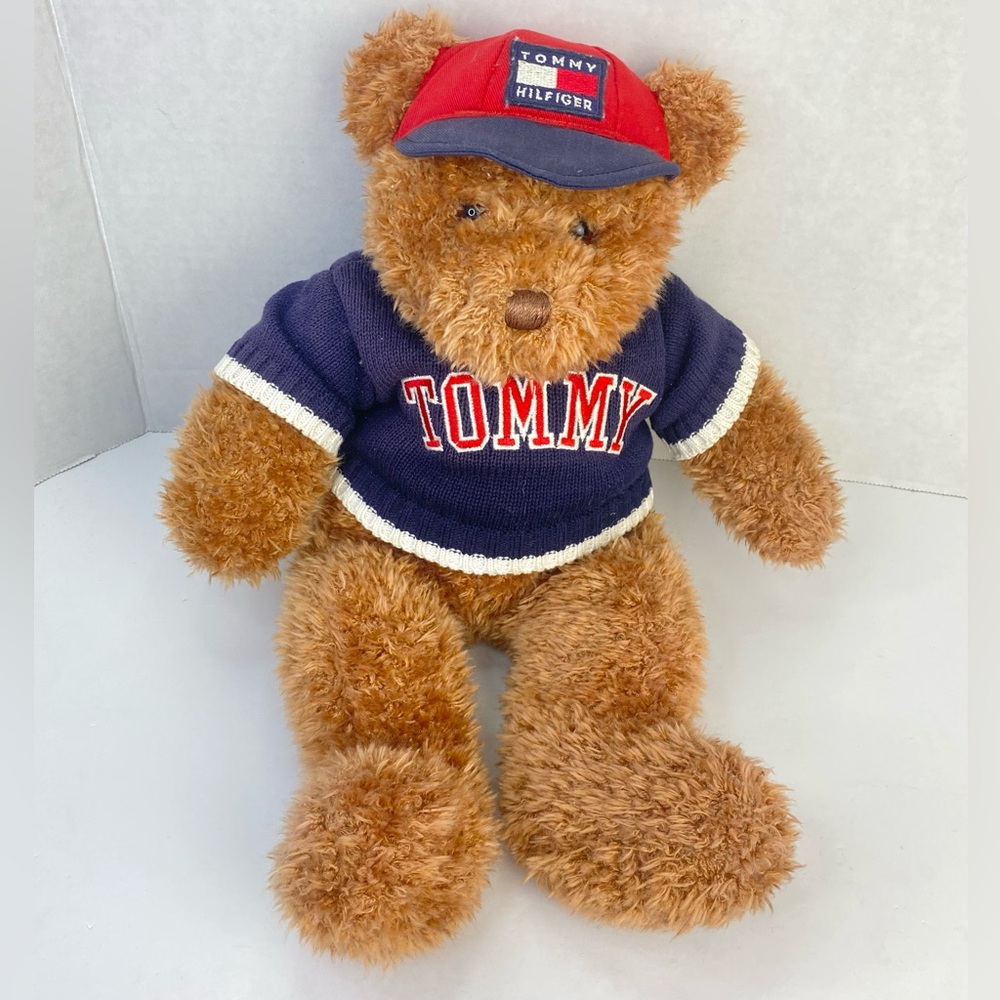 Vintage Tommy Hilfiger 15" Teddy Bear Stuffed Animal Plush w Blue Sweater & Hat